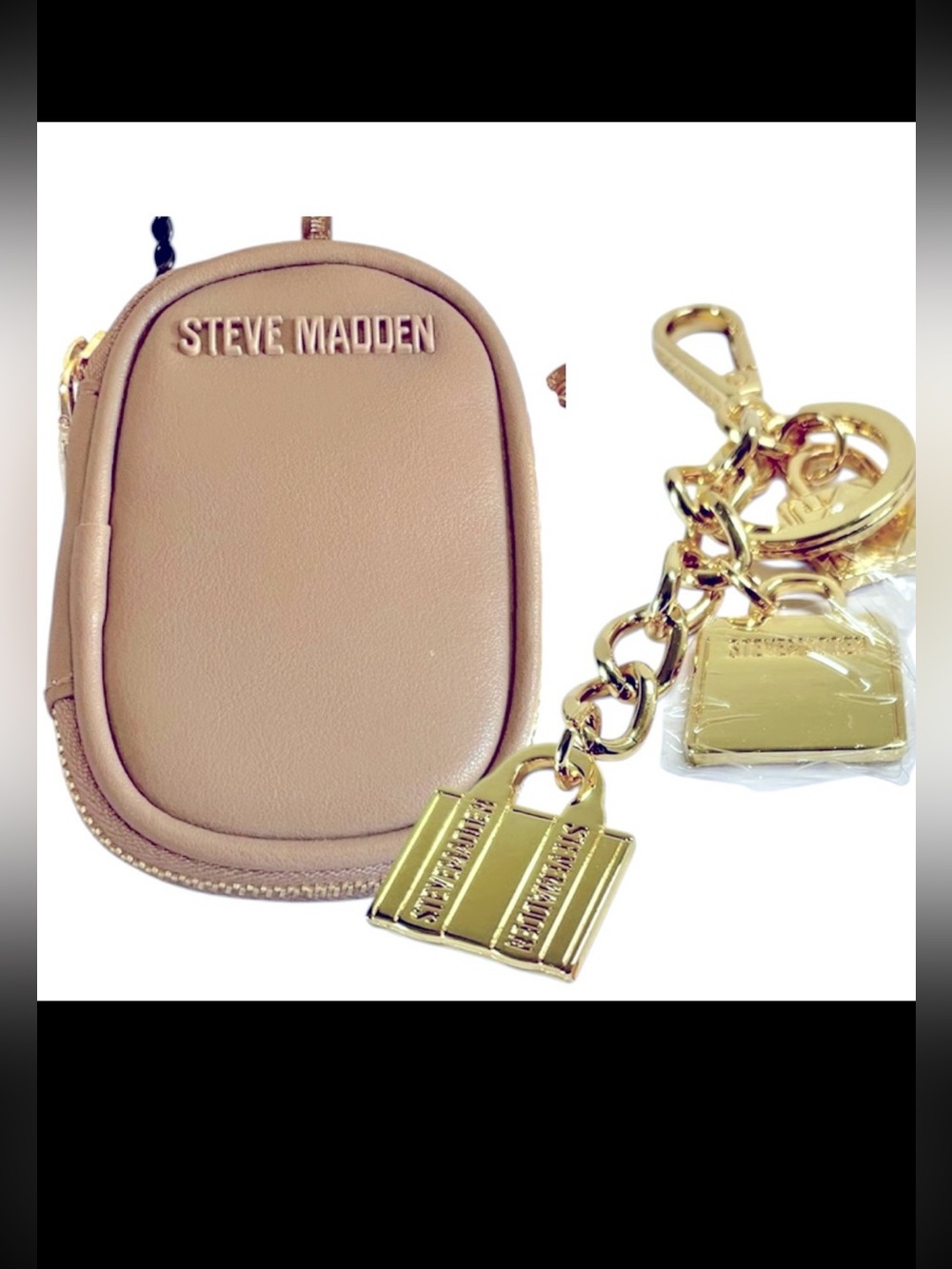 Steve Madden Cluster Handbag Charm Keychain Gold with small pouch NEW